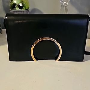 Beautiful Black Clutch w/Strap, 2 Tone, Black Leather/Patent, Double Snap Closur